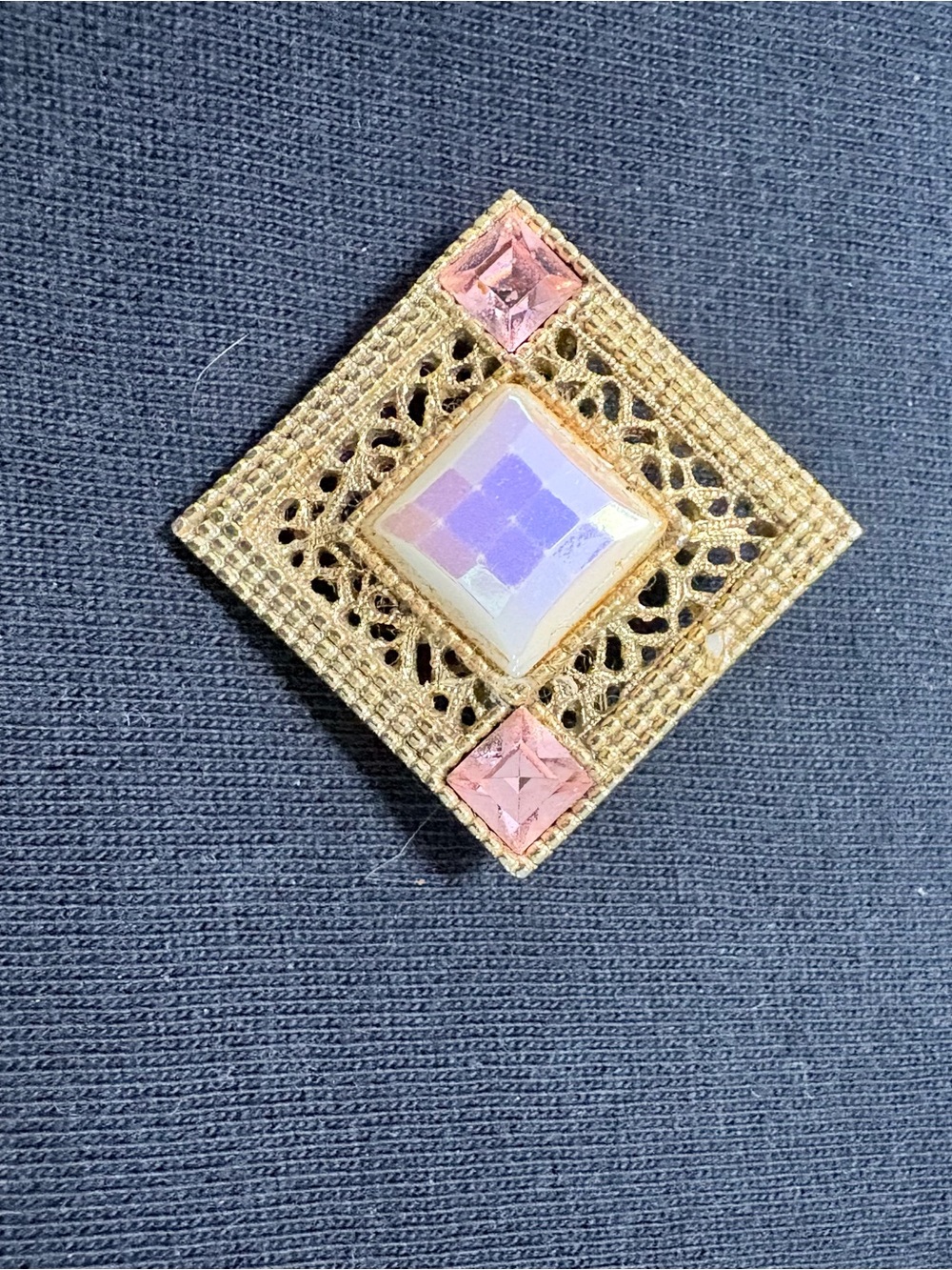 Vintage Gold Tone Filigree Brooch Pink Rhinestone Iridescent Square Pin